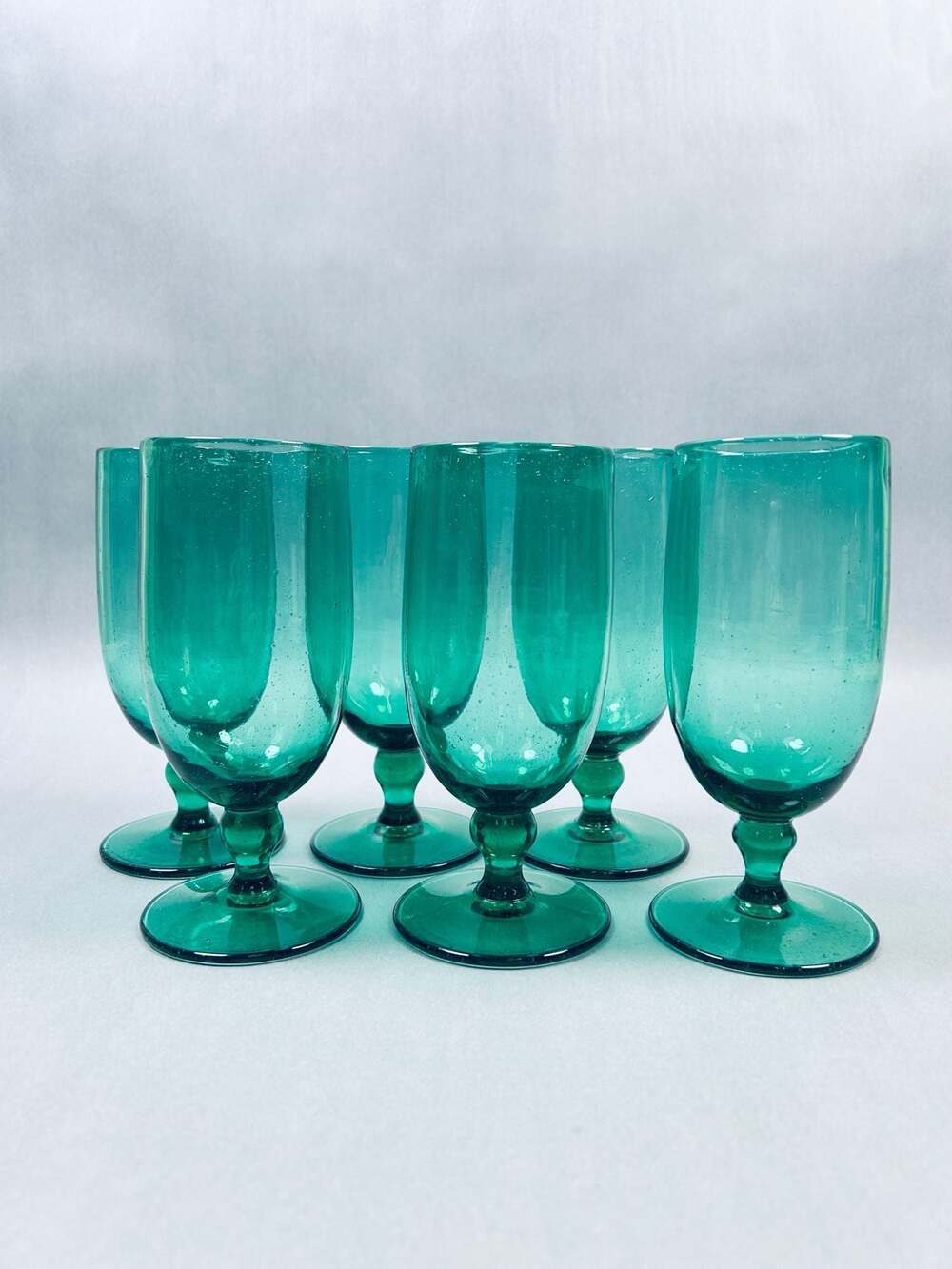 Set of 6 Vintage Emerald Green Stemmed Water Goblets